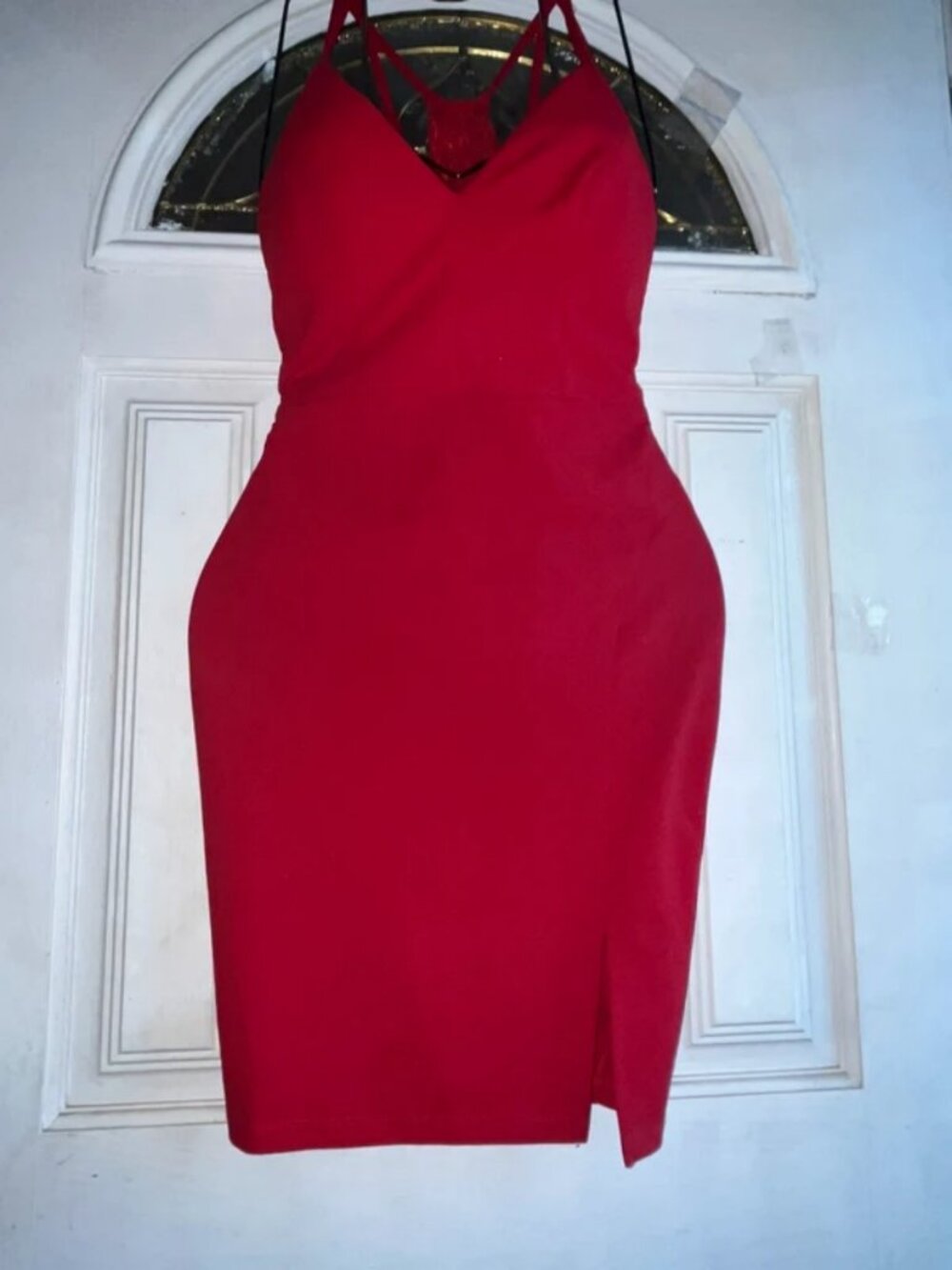 Red fitted spaghetti strap dress with side slit size 11